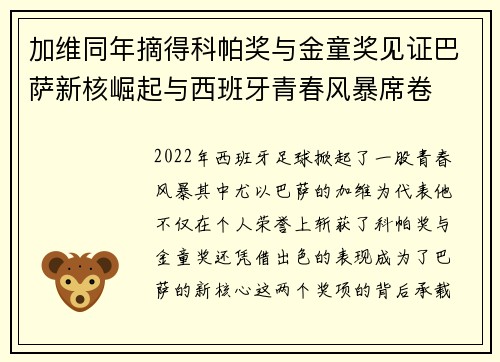 加维同年摘得科帕奖与金童奖见证巴萨新核崛起与西班牙青春风暴席卷 加维同年摘得科帕奖与金童奖见证巴萨新核崛起与西班牙青春风暴席卷